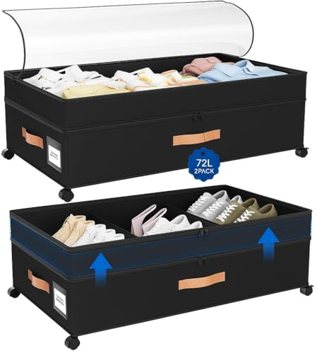 Almacenamiento debajo de la cama con ruedas, paquete de 2 cajones de almacenamiento XXL de 72 L, organizadores de armario ajustables de 10 pulgadas de alto con tapa, cajas grandes debajo de la cama