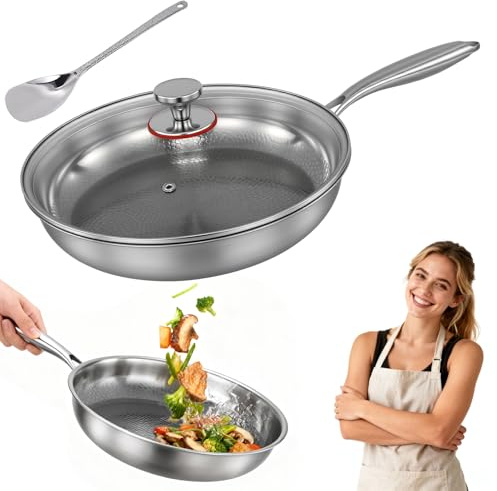 Gugxiom 10.2in Titanium Hammered Pan Pro for Cooking, Titanium Pan with Lid, Stainless Steel Cookware Non Stick, Even Heating For Cooking (26cm)