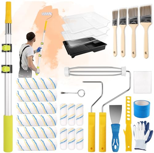 Navatiee 32PCS Paint Roller Kit with 2-4ft Extension Pole, 9 & 4 Roller Covers, Paint Brushes, Tray Liners & Tape, Professional House Painting Supplies for Walls, Ceilings & Cabinets