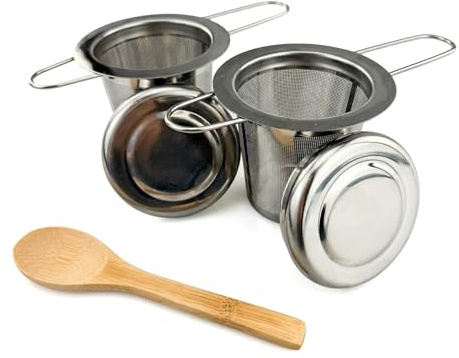 2 Piezas Infusor de Té, Filtro para Té de Acero Inoxidable 304,Filtros Para Té con Tapa y Mango Plegable, Reutilizable, se Adapta a Varios Tamaños de Tazas y Teteras