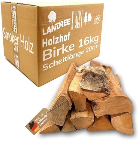 BIRKE Smokerholz 16kg, 20cm Scheitlänge - Süßlich-mildes Räucherholz für einzigartige BBQ-Aromen, naturbelassen, Qualität aus Schleswig Holstein