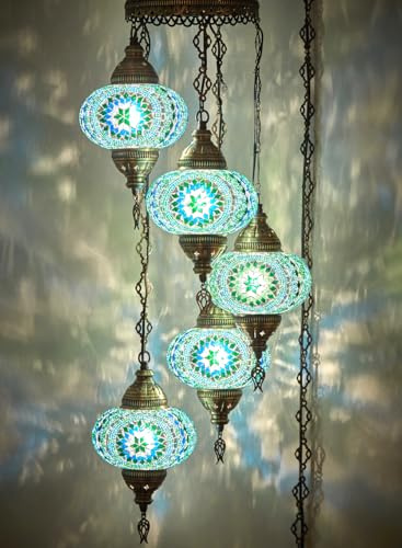 Lámpara de araña de mosaico turco marroquí, lámpara colgante de techo, luz de enchufe con cable de 4,5 metros, cadena y enchufe, no requiere cableado, 5 pantallas grandes, cuelga 110 cm
