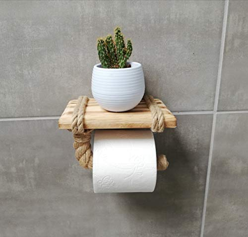 Dérouleur Porte Papier Toilette avec étagère - Tablette en Bois et Corde pour téléphone ou déco -