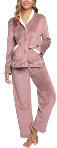 iClosam Pigiama Donna Invernale Flanella Pigiama Felpato Donna Caldo Pigiama Donna Lungo con Scollo a V Pigiami Due Pezzi da Donna Lungo con Bottoni Morbido e Confortevole S-XXL
