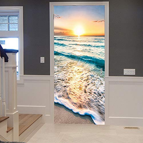 A.Monamour Türtapete Selbstklebend Türfolie Türposter 3D Sonnenuntergang Ozean Blaues Meer Ozean Wellen Sandstrand Naturlandschaft Vinyl Folie Türdeko Tapete Wandbild Türaufkleber Türtattoo 77 x 200cm