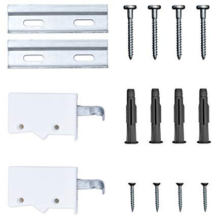 1x sossai® Komplett SET Dexo Schrankaufhänger | 2 Stück Aufhänger + Schienen + Schrauben + Dübel | Farbe: Weiß | Wandhalter, Schrankträger, Schrankhalter für Küchen-Hängeschränke