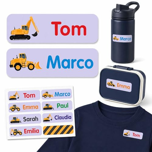 Indigos UG - Namensaufkleber Kinder Schule - 35–105 Sticker 35x10mm - Baustelle hellblau - Kindergarten - mit Wunschtext personalisierbar - wasserfeste Wäscheetiketten selbstklebend