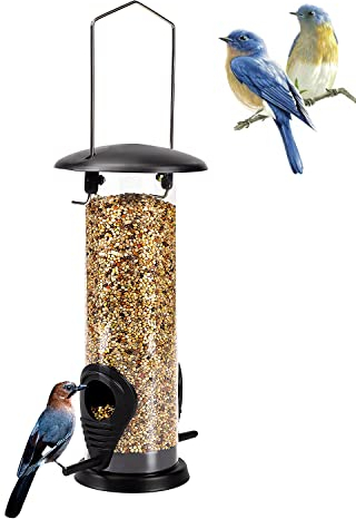 Vogelfutterspender, Futtersäule mit 2 Futterständern Ganzjährige Nutzung Vogelfutterhaus mit 21,5 cm Massivem Transparentrohr Hängend Futterhaus für Vögel Garden