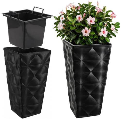 KADAX Blumentopf mit 3D Effekt, Blumenkübel aus Kunststoff in 4 Farben, Pflanzkübel mit Einsatz und praktischen Griffen, Kunststofftopf, Outdoor-Pflanzkübel, Innentopf (Schwarz Höhe: 55,5 cm)