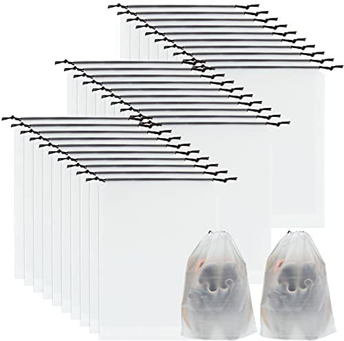 SENENQU 60 Pezzi Sacchetti per Scarpe Trasparenti 30 x 40 cm in PE, Borsa Porta Scarpe da Viaggio Impermeabile con Cordino, Organizer Antipolvere per Valigia, Palestra e Armadio
