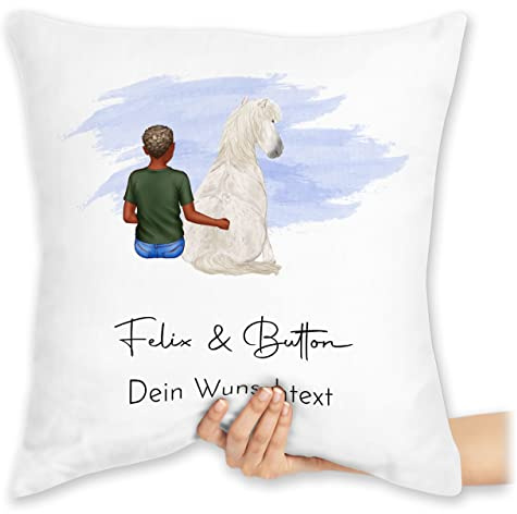 Kissen 40x40 Zierkissen - Pferde - Pferd und Reiter mit Namen personalisiert I Reiter Geschenk Pferdejunge - 40 x 40 cm - Weiß - pferdekissen pferdeliebhaber Mensch Name pferdemotiv Menschen