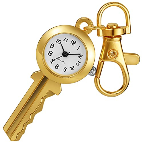 Realpoo Unique Gold Keychain Quartz Pocket Watch, Key-Shaped Pocket Watch with Keychain, Keychain Quartz Pocket Watches for Men