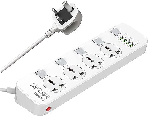 Extension Lead | Extension Lead with Usb Slots | 4 Universal Sockets | Surge Protector | 4 USB Ports (1xUSB-C 20W PD | 2xUSB-A) | Independent Switch | 6.5ft Power Cord | Child Safe Door