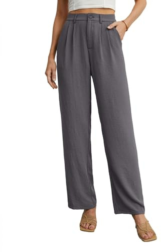Hosen Damen Leicht Sommerhose Damen Lässige Marlenehose Mit Taschen Legere Büro Business Hosen Mit Weitem Bein (Dunkelgrau, M)