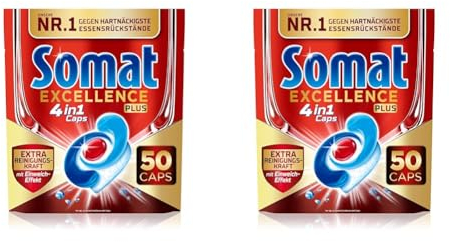 Somat Excellence PLUS 4in1 Caps (50 Caps), Spülmaschinentabs in 100% wasserlöslicher Hülle, Somat Caps mit Extra Reinigungskraft* und Einweicheffekt, recyclingfähig (Packung mit 2)