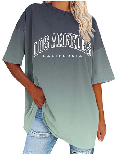 UHouse Tshirt Damen Elegant T Shirt Casual Longshirt Mode Motiv Bekleidung Los Angeles Oberteile Sommer Bluse Oberteile Frau Lockere Top Baumwolle Tee Shirts Blusen Armeegrün L