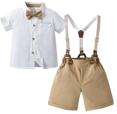 Yimutian Ensemble Baptême Mariage Cérémonie Bébé Garçon 4 pièces Costume Manches Courtes Chemise + Shorts + Bretelles + Noeud Papillon pour Enfants