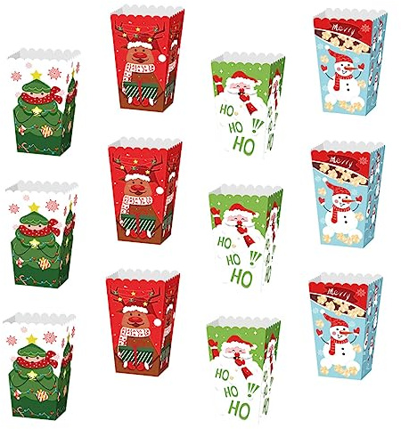 CAXUSD Weihnachtliche Popcorn Schachteln zur Aufbewahrung von Süßigkeiten aus Papier 12 Stück nicht Verformbar mit Weihnachtsmuster für Weihnachtsfeiern und Partys