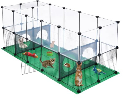 JUNGLE STONE Corralito para conejos, jaula de cobayas, jaulas de hámster, diseño para animales pequeños, conejo, cachorro, gatito, erizo, bricolaje, ampliado, valla de ejercicio con alfombrilla, 153 x