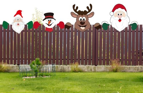 Weihnachten Outdoor Dekorationen Weihnachten Zaungucker Dekoration Weihnachtsmann Elch Elf Gucken Garten Zaun Schild für Weihnachten Indoor Outdoor Haus Party Zubehör (4PC)