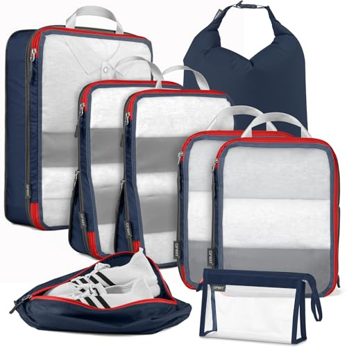 Cipway Organizer Valigia,Cubi da Imballaggio a Compressione, Design a Rete, Salvaspazio Borse da Viaggio Set Sacchi Sottovuoto Vestiti da Viaggio per Zaini o Bagagli a Mano (Blu,8 Pezzi)