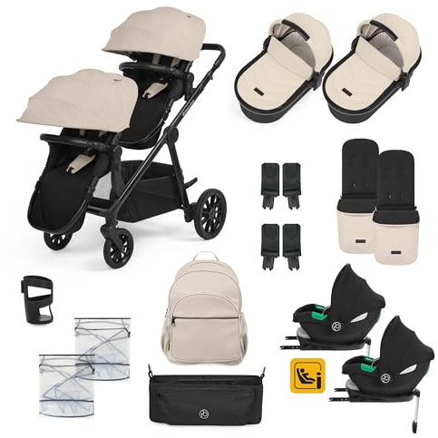 Ickle Bubba Virgo Twin 18-teiliges Reisesystem mit i-Size Cirrus-Autositzen und ISOFIX-Basis, geeignet von der Geburt bis zu 15 Monaten – Tandem-Kinderwagen und Zubehör (Stein) | Tandem-Kinderwagen mit 17 Konfigurationen, Fußsäcken, Regenschutz, Wickeltasche & Zubehör
