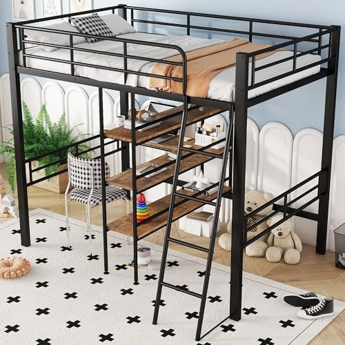 KecDuey Hochbett, 90x200cm Eisenbett, Metallbett ohne Matratze, Bett mit Schreibtisch, Mehrere Regale, Geländer, Leiter, Eisenrahmen (Schwarz)