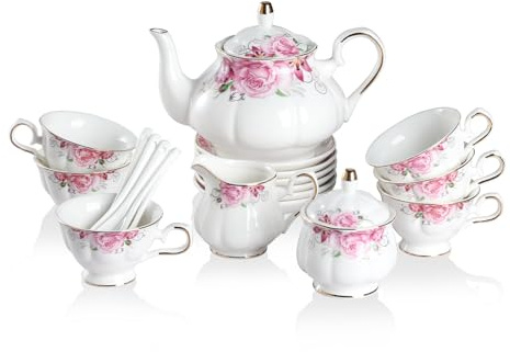 Sweejar Porcelain Tea Set Vintage Floral, British Relief Gold Rim Teapot Cup and Saucer Sets, 22-Piece Tea Sets for Adults, with Teapot, Sugar Bowl, Milk Jug, Spoons, Cup and Saucer (Flower)