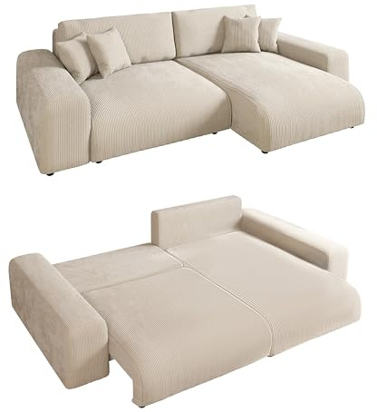 luma-Home 21001/ Ecksofa mit Schlaffunktion & Bettkasten, Beige | B255/H165/T84 cm, Wellenunterfederung, L-Couch; Ottomane links oder rechts montierbar, Liegefläche 148x196 cm, Cord-Bezug