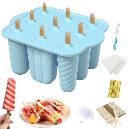 MARUKO Ice Lolly Moulds, Silicone Popsicle Molds, 9 Cavities Ice Cream Moulds with 50 Sticks, 50 Bags, 50 Tie Wraps, Brush and Funnel (Blue)