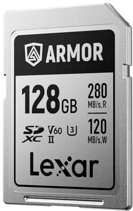 Lexar ARMOR SILVER PRO SD Card 128GB, UHS-II SD Memory Card, Stainless steel, C10, U3, V60, 6K UHD Video, up to 280MB/s Read, 120MB/s Write, SDXC Card for DSLR/Camera/Photographer/Videographer