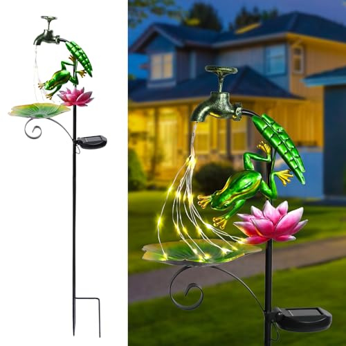 Solar Outdoor Lights Decorative Solar Frog Lights with Lotus Bird Feeder Faucet Shaped Lighted Garden Stake Decorations for Pathway Lawn Patio Courtyard Backyard