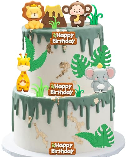 Gyufise 18Pcs Safari Animal Cake Toppers Jungle Wild Cake Decorations Green Leaves Birthday Cake Decorations for Safari Animals Themed Birthday Party Decorations