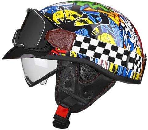 Mezzo Casco Jet Caschi Moto Retrò Casco Scodella Portatile DOTECE Omologato Mezzo Elmetto da Moto Retrò con Pare-soleil Rétractable per Uomo Donna Biker Cruiser Scooter Touring 7,L=59~60cm