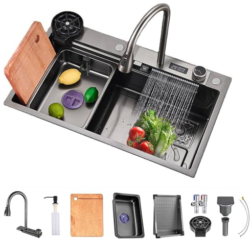 Fregadero Cocina Negro Multifuncional, Fregadero Cocina en Acero Inoxidable, Fregadero Bajo o Sobre Encimera Con grifo extraíble/dispensador de jabón/flujo de agua en cascada (A, 80x45cm)