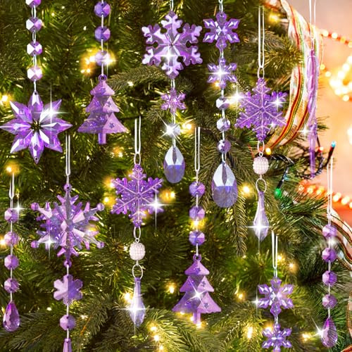 Lanpn 22 Pièces Décoration de Noël Cristal Ornements de Sapin de Noël, Acrylique Flocon de Neige Glaçon Suspendu Pendentif pour Hiver Extérieur Intérieur Fête décoration (Violet)