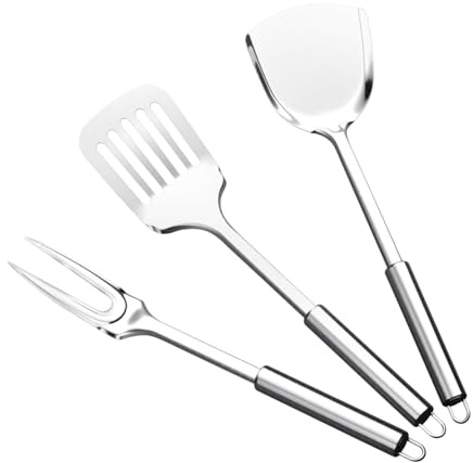 Set di Spatole in Acciaio Inox, 3 Robusta Spatola in Metallo Cucina con Elevata Resistenza al Calore, Paletta Scanalata Argentata, Tornitore Solido, Forchetta da carne per Pentole Antiaderenti