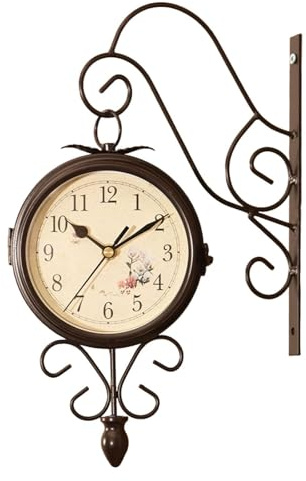 Milageto Doppelseitige Bahnhofsuhr, Vintage-Wanduhr mit Halterung, wasserdichte Gartenuhr für den Außenbereich, Retro-Eisenbahnhofsuhr, 22 cm, große Hängeluhr für den Innen- und Außenbereich, Stil e