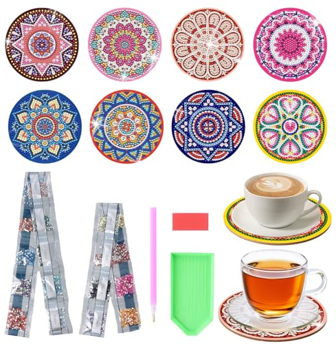 Aohyue Set di 8 Sottobicchieri Diamond Painting Mandala, Kit DIY per Adulti, Diamond Painting Set con Pacchetto di Diamanti e Strumenti di Applicazione