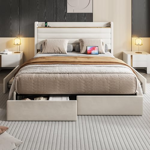 Crlnaup Moderno marco de cama tapizado de terciopelo, cabecero con puerto USB y función de almacenamiento, 4 cajones en la parte inferior del marco de la cama, 140 x 200 cm, color beige