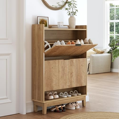Tribesigns Schuhschrank Schmal, Schuhkipper Schuhregal mit Regalen, 2 Schubladen mit Klappschutz Holzwerkstoff Schuhkommode für Eingangsbereich, Flur, Wohnzimmer, 80x24x116cm, Braun