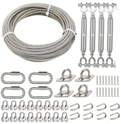 Fologtoo 3/16 Wire Rope Kit with 50ft Stainless Steel Cable, 3/16 Turnbuckles, M6 Chain Link & Pad Eye Hooks, 500 lbs Load Limit, Tension Cable Wire Kit for Shade Sails, Deck Railing, Clothesline