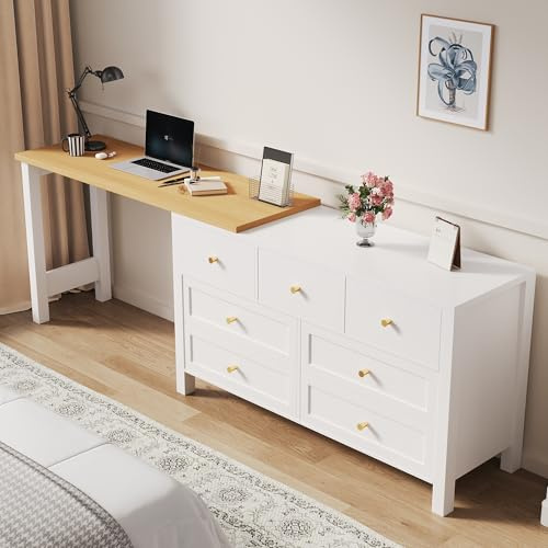 Ligterra Escritorio plegable, escritorio con cajones, escritorios de esquina en forma de L, tocadores, cómoda 2 en 1, mesa giratoria 360°, 120 × 40 × 70 cm (blanco+roble)
