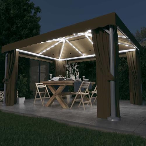 HaoChrymec Pavillon mit Vorhängen & LED-Lichterkette, Aluminium & Stahl, Doppeldachdesign, UV-Schutz, Moskitonetz, Grillpavillon Winterfest, Zelt Pavillon, Garten Pavillion, Taupe, 4 x 3 m