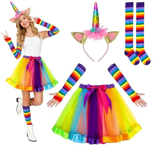 4 Stück Einhorn Kostüm Erwachsene, Kostüm Einhorns Mottoparty, Regenbogens Tüllrock, Einhorn Horn Stirnband, Regenbogen Kniestrümpfe, Regenbogen Lange Handschuhe, für Karneval Geburtstag Party