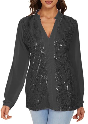 Générique Haut Paillettes Femme De Carnaval Décontracté À Paillettes V Neck Manches Longues Loose Chiffon Blouse Scintillant