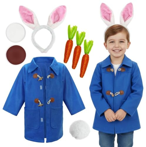 I LOVE FANCY DRESS Mischievous Rabbit Outfit for Kids - Includes Blue Coat, Plush Bunny Ears Headband, Fluffy Tail, 3x Carrot Props & Brown Face Paint Palette - World Book Day Costume