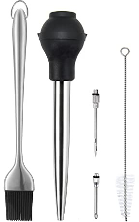 Kaycrown-Bratenspritze aus Edelstahl mit Grill-Bratenpinsel, FDA-zugelassener Silikonball in handelsüblicher Qualität, mit Gewürznadel und Reinigungsbürste zur einfachen Reinigung