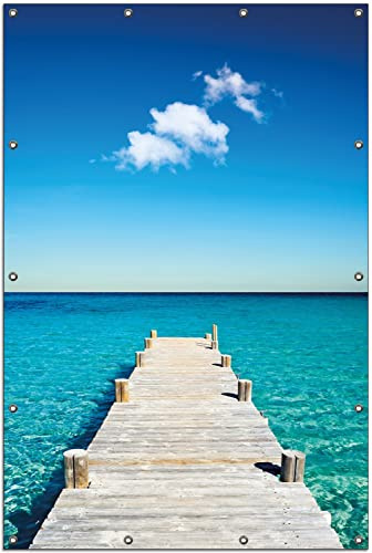 Wallario Outdoor-Poster für Garten oder Balkon Steg am tropischen Meer, Motivbanner Größe: ca. 120 x 180 cm, Outdoor-Bild