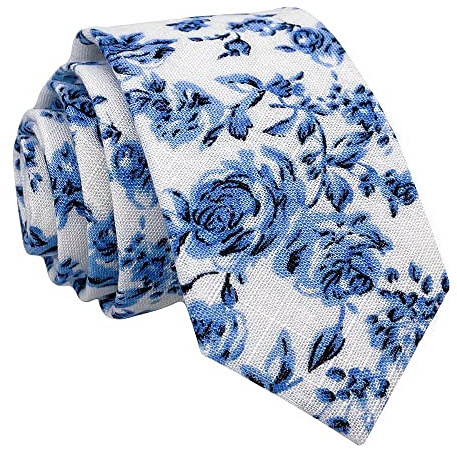 Kebocis Mens Blue Floral Necktie Skinny Tie White
